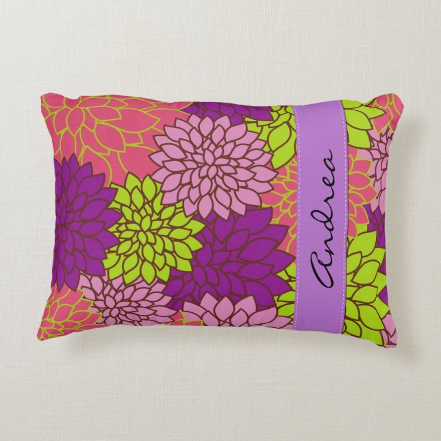 Dahlia Flowers, Colourful Flowers, Your Name Accent Pillow (Back)