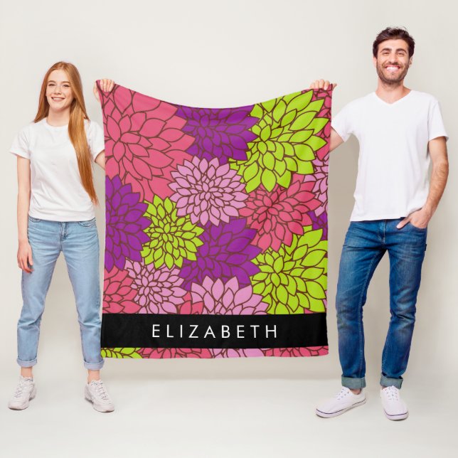 Dahlia Flowers, Colourful Flowers, Your Name Fleece Blanket (In Situ)