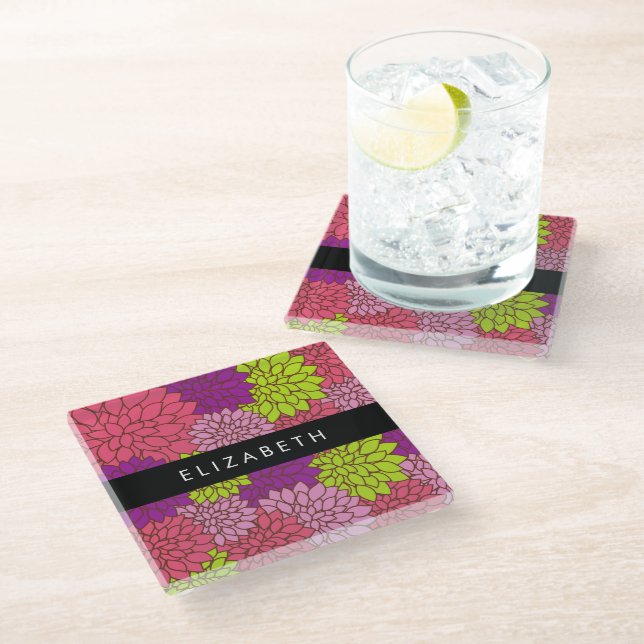 Dahlia Flowers, Colourful Flowers, Your Name Glass Coaster (Angled)