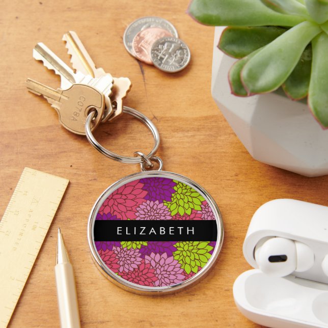Dahlia Flowers, Colourful Flowers, Your Name Keychain (Desk)