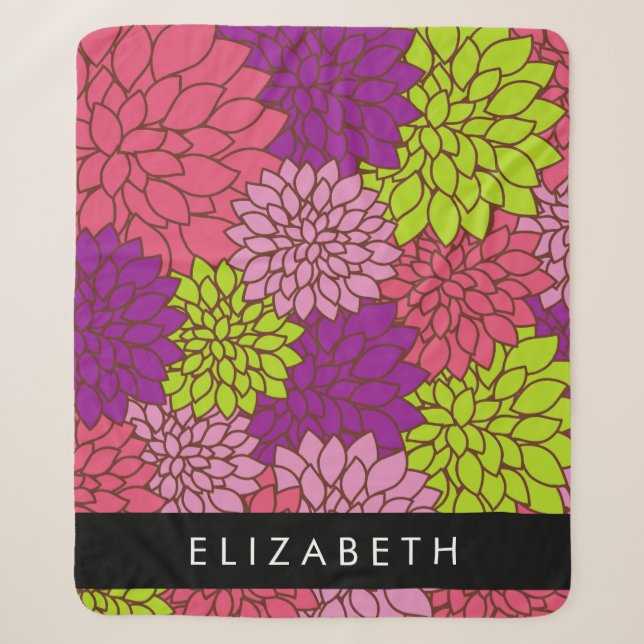 Dahlia Flowers, Colourful Flowers, Your Name Sherpa Blanket (Front)