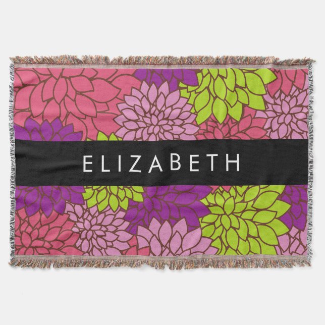 Dahlia Flowers, Colourful Flowers, Your Name Throw Blanket (Front)