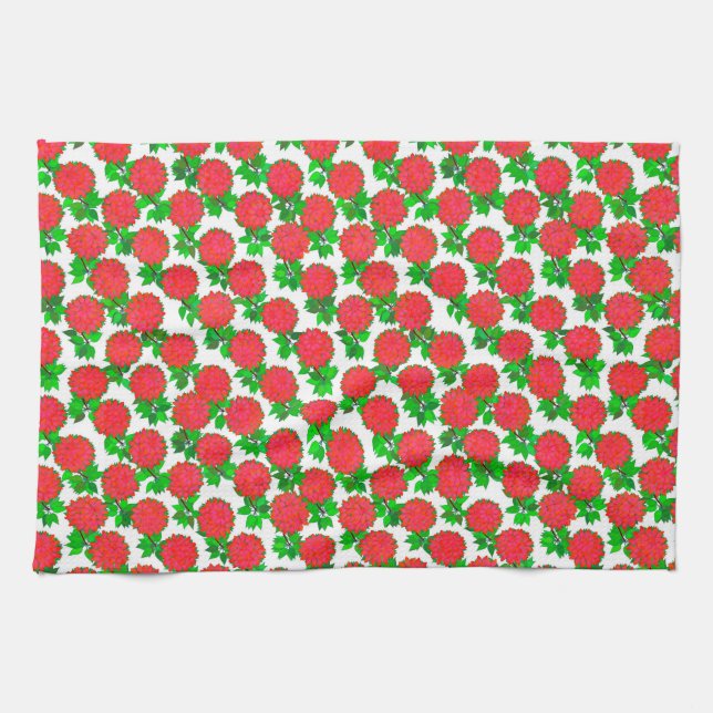 Dahlia flowers in deep red kitchen towel (Horizontal)