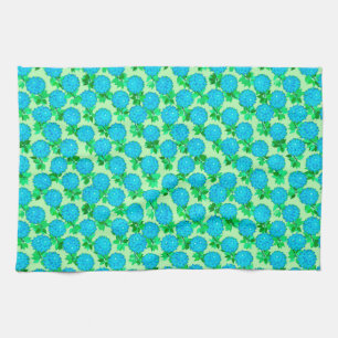 Dahlia flowers in turquoise blue and green kitchen towel