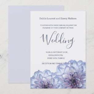 Dahlia flowers lilac blue grey wedding invitation