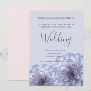 Dahlia flowers lilac blue pink wedding invitation