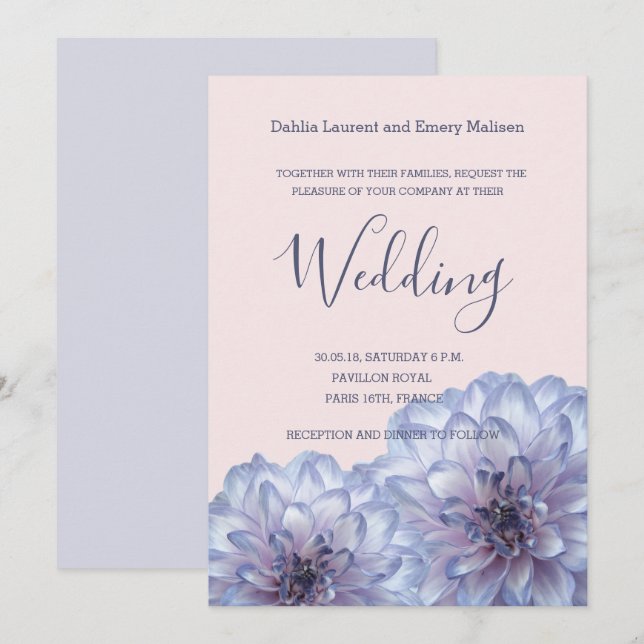 Dahlia flowers lilac blue pink wedding invitation (Front/Back)