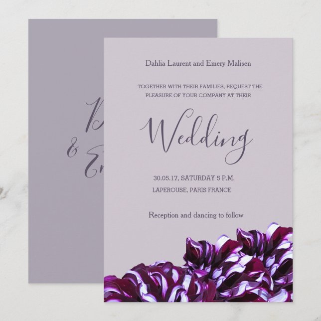 Dahlia flowers lilac elegant wedding invitation (Front/Back)