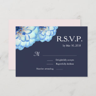 Dahlia flowers navy blue blush floral wedding RSVP Invitation