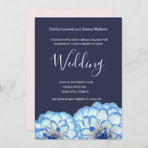 Dahlia flowers navy blue white blush pink wedding invitation