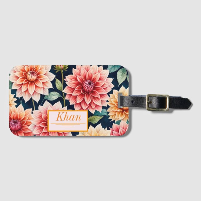 Dahlia flowers pattern digital art / Personalized  Luggage Tag (Front Horizontal)