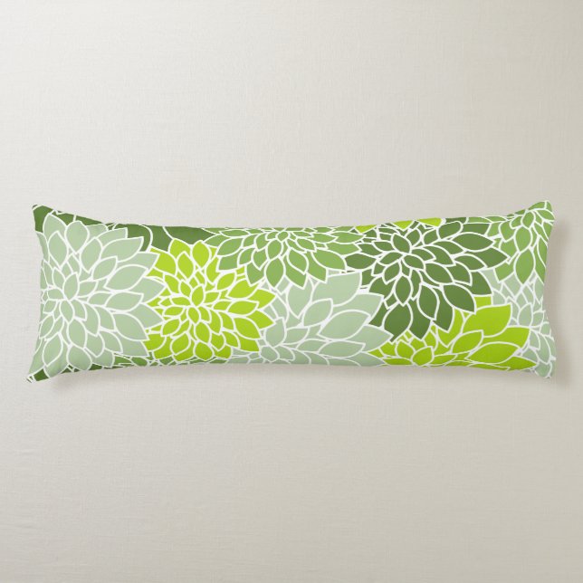 Dahlia Flowers, Pattern Of Flowers, Green Dahlia Body Pillow (Front)
