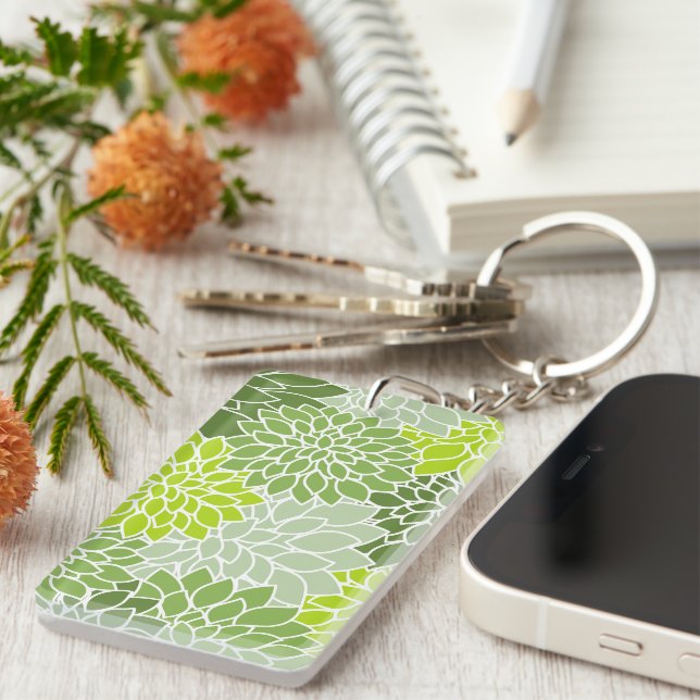 Dahlia Flowers, Pattern Of Flowers, Green Dahlia Keychain (Front Right)