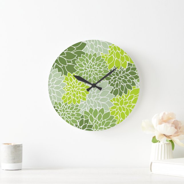 Dahlia Flowers, Pattern Of Flowers, Green Dahlia Large Clock (Home)