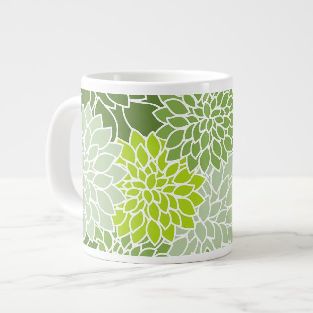 Dahlia Flowers, Pattern Of Flowers, Green Dahlia Large Coffee Mug (Front Left)