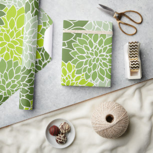 Dahlia Flowers, Pattern Of Flowers, Green Dahlia Wrapping Paper