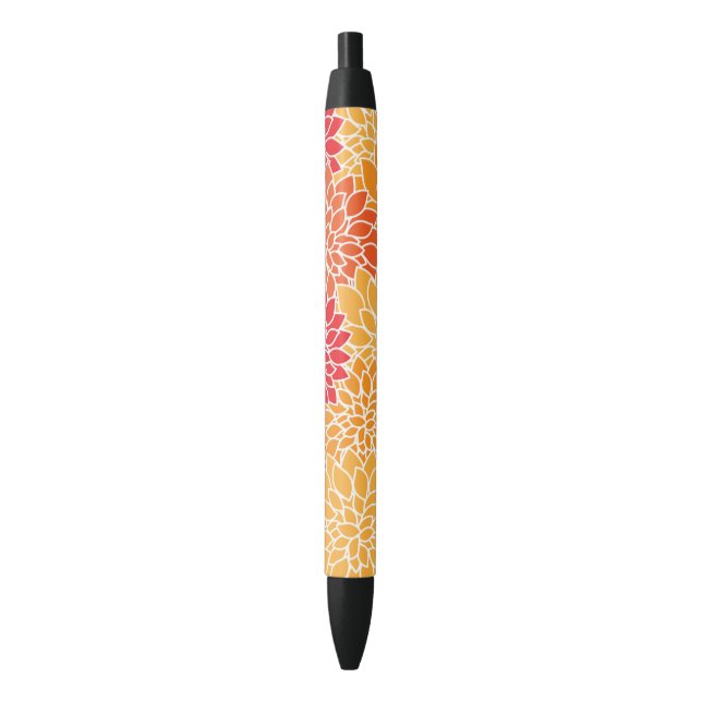 Dahlia Flowers, Pattern Of Flowers, Orange Dahlia Black Ink Pen (Front Vertical)