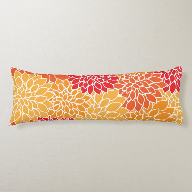 Dahlia Flowers, Pattern Of Flowers, Orange Dahlia Body Pillow (Front)