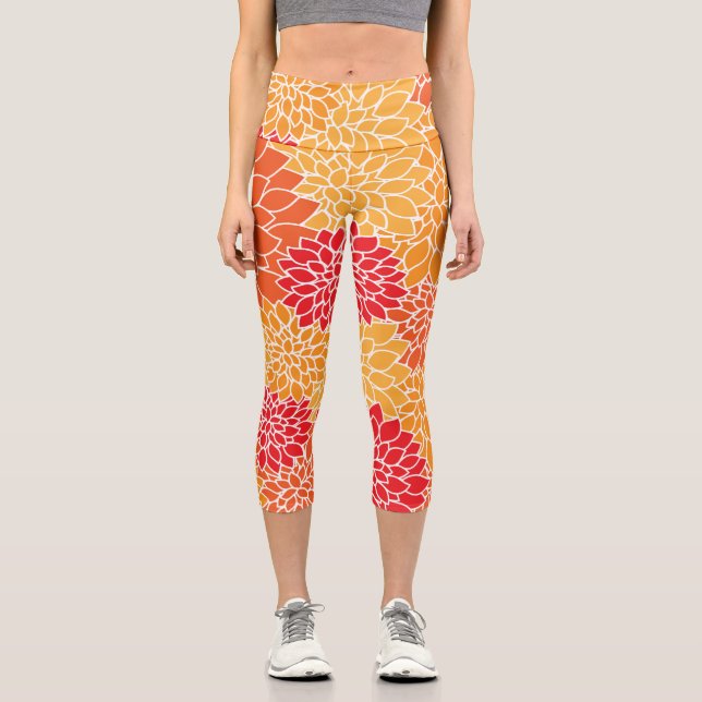 Dahlia Flowers, Pattern Of Flowers, Orange Dahlia Capri Leggings (Front)