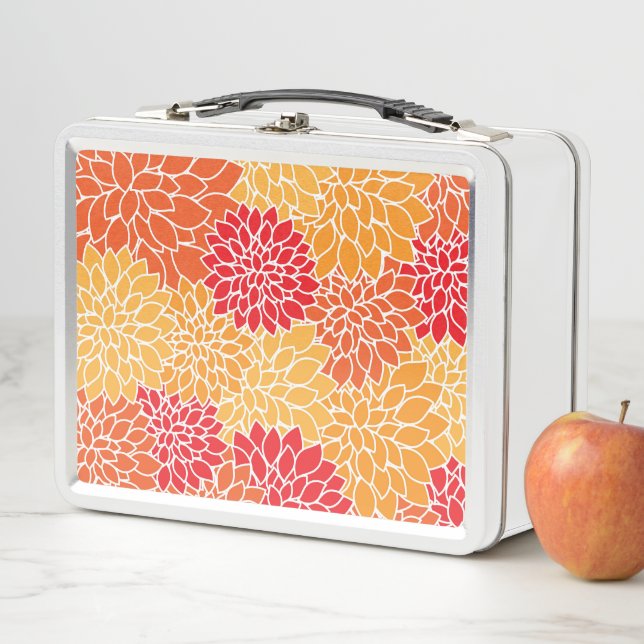 Dahlia Flowers, Pattern Of Flowers, Orange Dahlia Metal Lunch Box (In Situ)