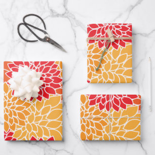 Dahlia Flowers, Pattern Of Flowers, Orange Dahlia Wrapping Paper Sheet