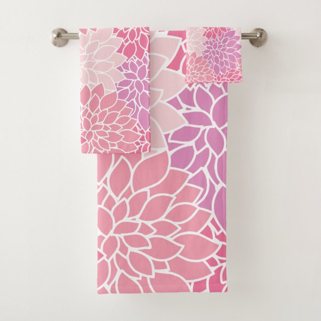 Dahlia Flowers, Pattern Of Flowers, Pink Dahlia Bath Towel Set (Insitu)