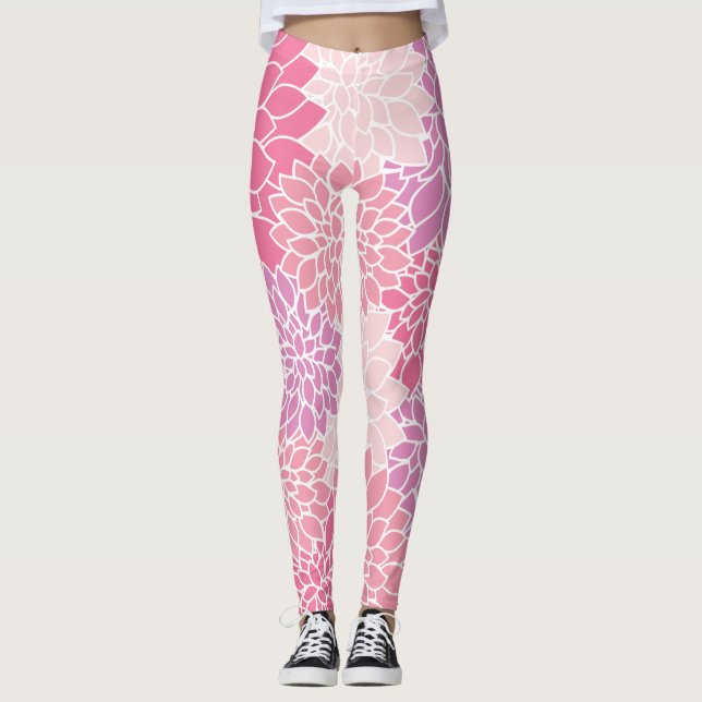 Dahlia Flowers, Pattern Of Flowers, Pink Dahlia Leggings (Front)