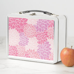 Dahlia Flowers, Pattern Of Flowers, Pink Dahlia Metal Lunch Box