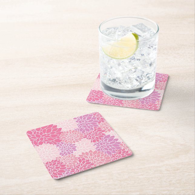 Dahlia Flowers, Pattern Of Flowers, Pink Dahlia Square Paper Coaster (Insitu)