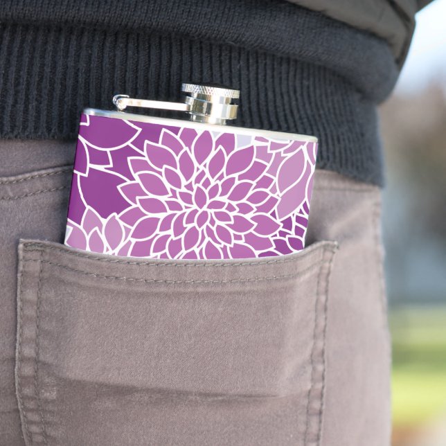 Dahlia Flowers, Pattern Of Flowers, Purple Dahlia Hip Flask (In Situ)