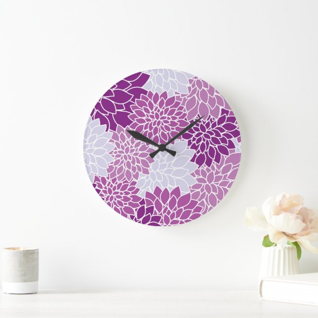 Dahlia Flowers, Pattern Of Flowers, Purple Dahlia Large Clock (Home)