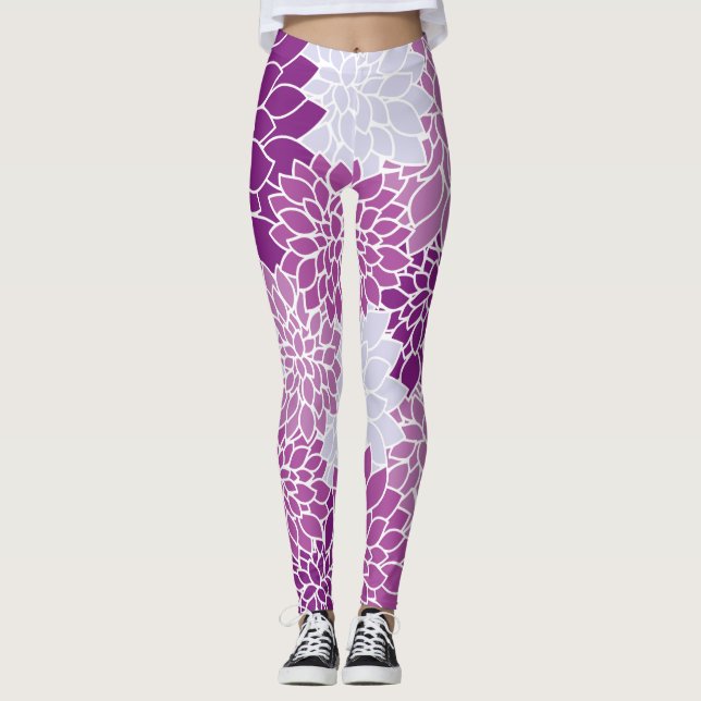 Dahlia Flowers, Pattern Of Flowers, Purple Dahlia Leggings (Front)