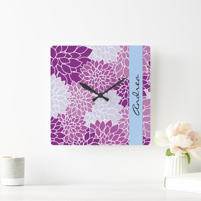 Dahlia Flowers, Purple Dahlia, Your Name Square Wall Clock (Home)