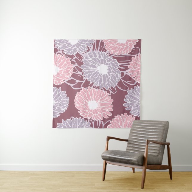 Dahlia flowers seamless pattern throw pillow tapestry (In Situ)