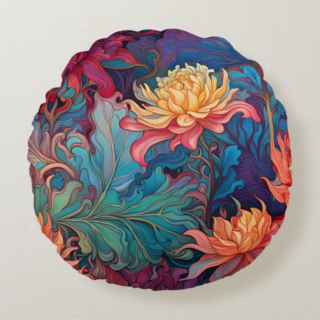 Dahlia garden tapestry red, blue green gold  round pillow (Front)