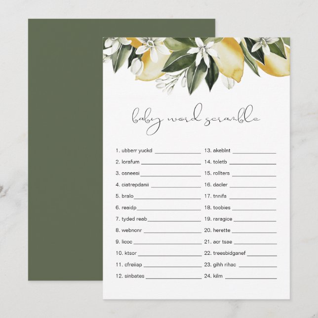 DAHLIA Lemon Baby Word Scramble Baby Shower Game Invitation (Front/Back)