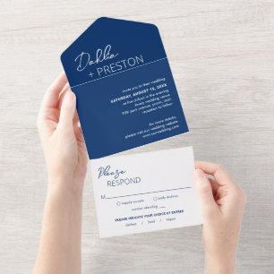 Dahlia Navy Blue Contemporary Modern Wedding All In One Invitation