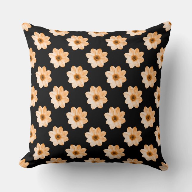 Dahlia Pattern - Lt Orange on Black Throw Pillow (Front)