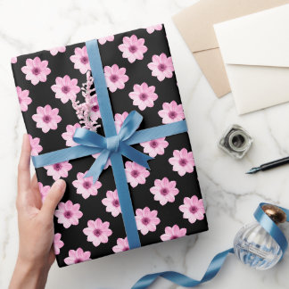 Dahlia Pattern - Pink on Black Wrapping Paper