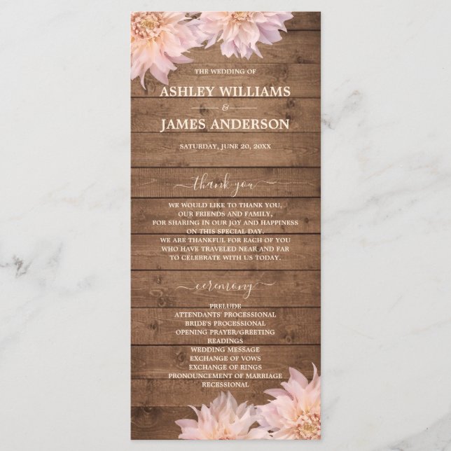 Dahlia Pink Floral Rustic Wood Wedding Program (Front)