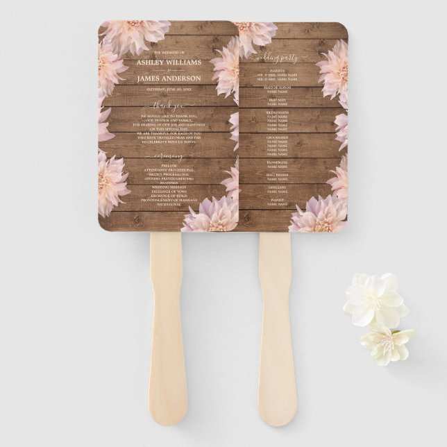Dahlia Pink Floral Rustic Wood Wedding Program Hand Fan (Front and Back)