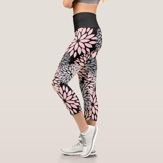 Dahlia Pink Grey Floral Pattern Capri Leggings (Left)