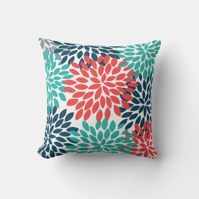 Dahlia Pinnata Designed (Orange, Blue, Teal) Throw Pillow (Front)