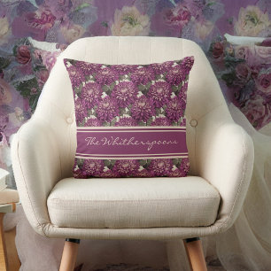 Dahlia Purple and Pink Fringed Pattern Monogram Throw Pillow