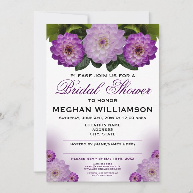 Dahlia Purple Floral Bridal Shower Invitation (Front)