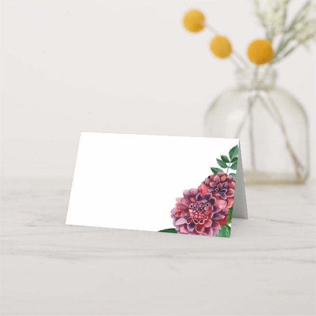 Dahlia seating card. Burgundy wedding floral Place Card (Front)