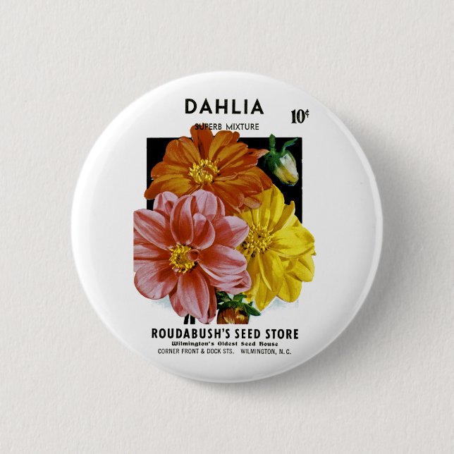 Dahlia Vintage Seed Packet 2 Inch Round Button (Front)
