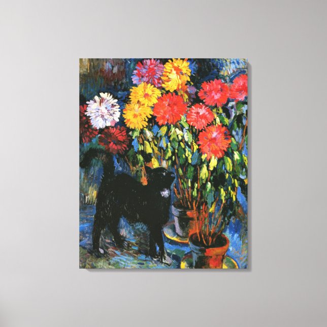 Dahlias and Black Cat, fine art painting, Canvas Print (Front)
