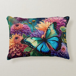 Dahlias And Iridescent Blue Green Butterfly Accent Pillow