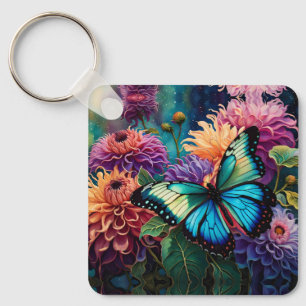 Dahlias And Iridescent Blue Green Butterfly Keychain